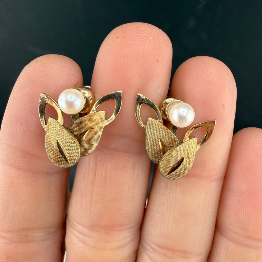 Vintage Van Dell Gold Filled Screw Back Earrings Pearl Flower Leaf